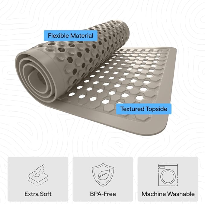 GORILLA GRIP Patented Bath Tub Shower Mat, Machine Washable Bathtub Floor Liner Mats, Suction Cups and Drain Holes to Keep Tubs Clean, Soft on Feet, Bathroom Essentials, 35x16 Inch, Beige