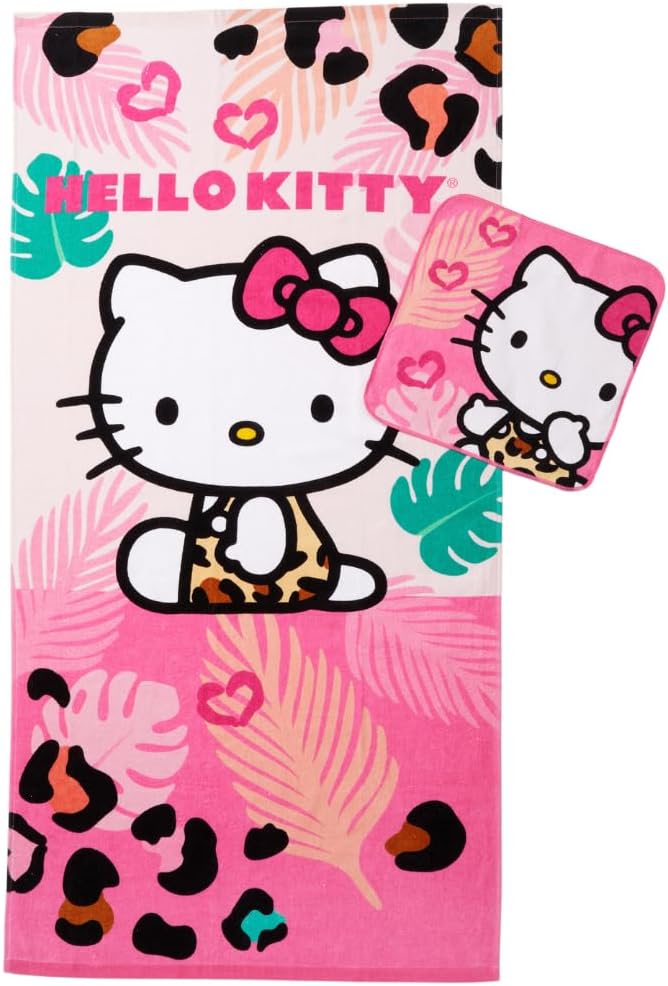 Hello Kitty Kids Bath/Pool/Beach Soft Absorbent Cotton Terry Towel with Washcloth 2 Piece Set, 50 in x 25 in, (Officially Licensed Product) by Franco