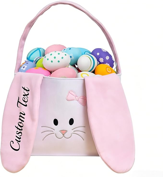 Hwingo Personalized Bunny Treat Basket with Embroidered Name, Custom Easter Baskets Egg Fillers, Personalized Easter Bags Candy Festival Gifts Storage (Pink)
