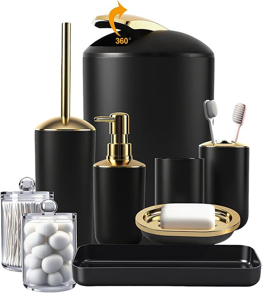 9 Pieces Black Bathroom Accessories Set, Gorgeous Gold Bathroom Set, Trash Can, Toilet Brush, Soap Dispenser and Toothbrush Holder, Soap Dish, Tumber, Qtip Holder, Tray, Sink Countertop Set Decor