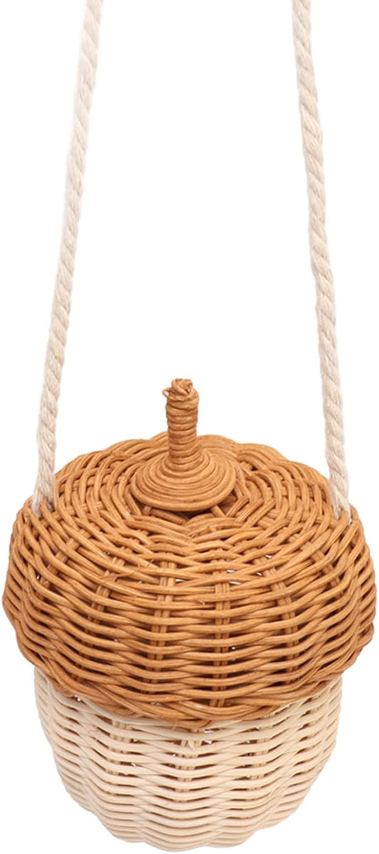 Fdit Kids Rattan Storage Basket Bag, Hand Woven Pine Cone Shaped Basket for Boys Girls Home Decor Storage Box Photography Props (Small Shoulder Bag)