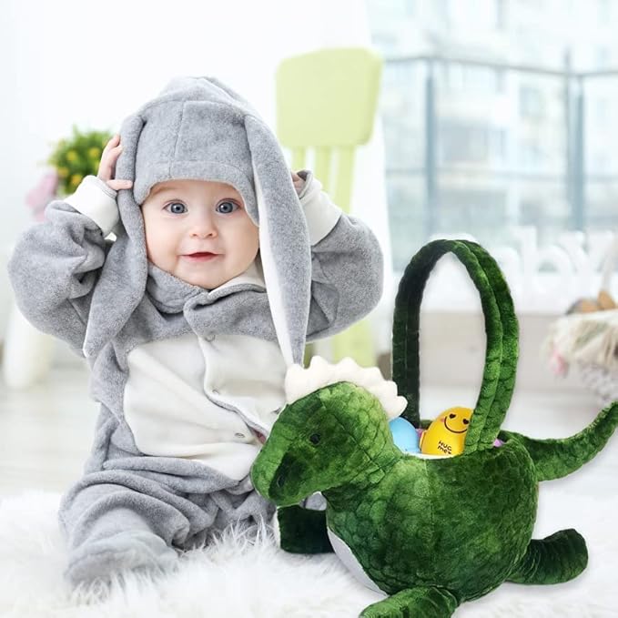 DearSun Exquisite Embroidery ! Personalized Easter Egg Hunting Basket 3D Plush Dinosaur Basket Candy Gift Bucket with Embroidery Name (Green Plush Dinosaur Basket)