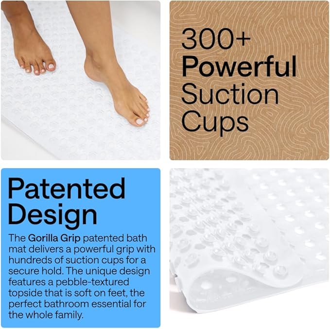 GORILLA GRIP Patented Bath Tub Shower Mat, Machine Washable Bathtub Floor Liner Mats, Suction Cups and Drain Holes to Keep Tubs Clean, Soft on Feet, Bathroom Essentials, 35x16 Inch, White