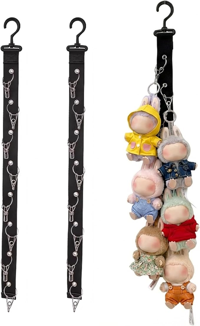 Plush Doll Hanging Storage Rope Display Rack with 8 Clips – Wall Hanging Organizer for Keychain Plushies, Mini Toys– Holds up to 3kg (2 PCS Black)