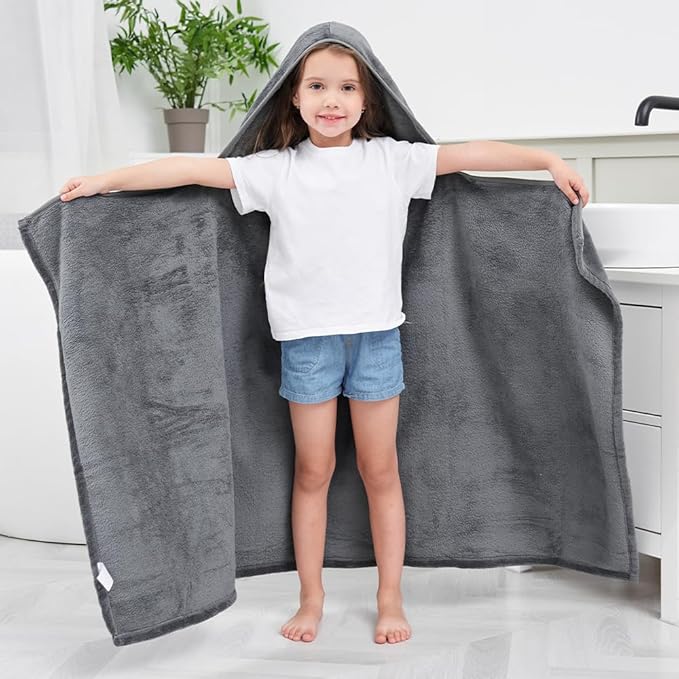 Hiturbo Kids Hooded Bath Towel: Soft Plush Pool Beach Fleece Towel Blanket - 50"x30" Toddler Towels Wrap for Boys Girls 3-12 Years (Gray)