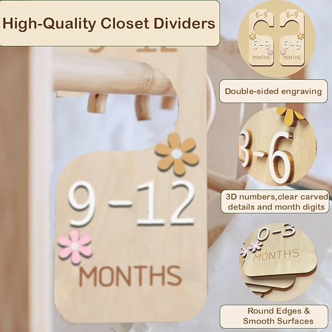 Baby Closet Divider - 3D Double-Sided Wooden Baby Wardrobe Baby Closet Organizer,Daisy design Nursery Decor Clothes Hanger Dividers for Sorting 8 Sizes from Newborn to 24+ Months