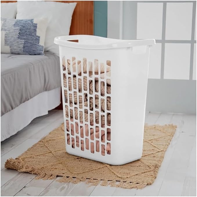 Slim Rectangular Laundry Hamper, Open Top Plastic Basket for Small Spaces, Modern style, sturdy and durable, White