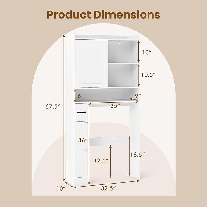 Giantex Over The Toilet Storage Cabinet, 32.5"W Freestanding Space Saver with Sliding Door, Toilet Paper Holder & Adjustable Shelves, Over Toilet Bathroom Organizer for Restroom & Laundry Room, White