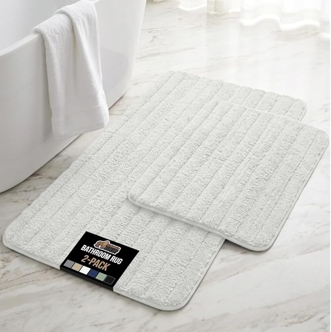 GORILLA GRIP Textured Backing Bathroom Rugs, Soft Memory Foam Absorbent Striped Bath Mats Set of 2, Machine Washable Fade Resistant, Floor Bathmat, Home Decor Shower Essentials, White 24x16 and 30x18