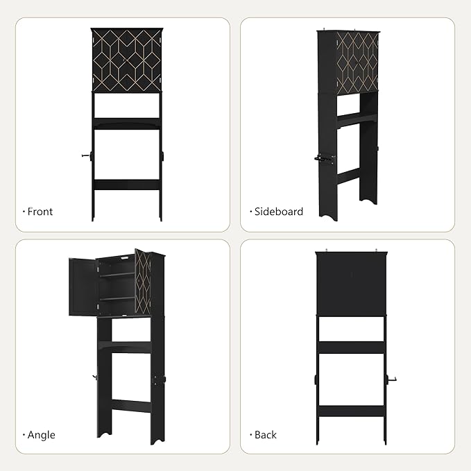 Over The Toilet Storage Cabinet with Gold Trim, Modern Bathroom Organizer Over Toilet with Adjustable Shelves and Toilet Paper Holder for Bathroom (Black)