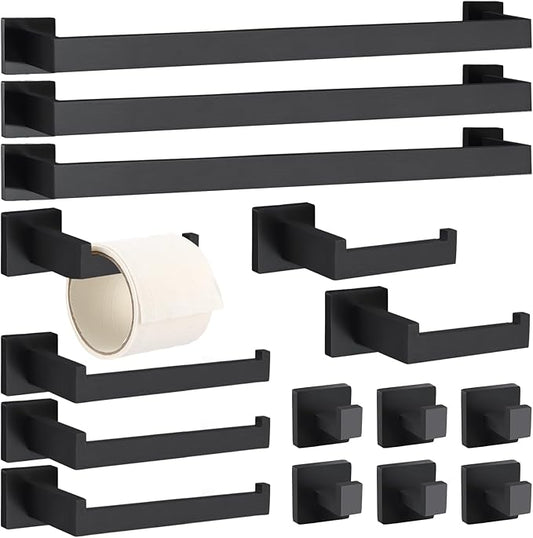 15 Pieces Bathroom Hardware Accessories Set, 23.6 Inch Stainless Steel Bath Towel Bar, Bathroom Hardware Set, Towel Racks Holder for Wall Mounted (Black)