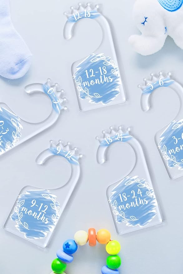 OneDream Baby Closet dividers Hanger separators - Set of 7 Baby Clothes dividers for Closet from Newborn to 24 Months, Acrylic Infant Clothes Divider (Blue)