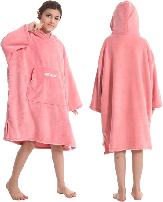 Hiturbo Kids Towel Changing Robe: Soft Plush Wearable Blanket - Warm Coral Fleece Hoodie - Swim Surf Poncho for 5-12 Years (Pink)