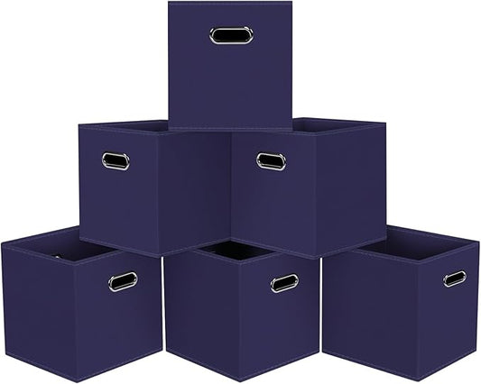 Black Foldable Storage Cubes Bins, Fabric Storage Box Cubes Organizer Baskets with Dual Handles for Home Organizer,Set of 6,(Navy Blue)