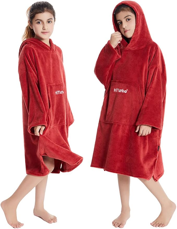 Hiturbo Kids Towel Changing Robe: Soft Plush Wearable Blanket - Warm Coral Fleece Hoodie - Swim Surf Poncho for 5-12 Years (Red)