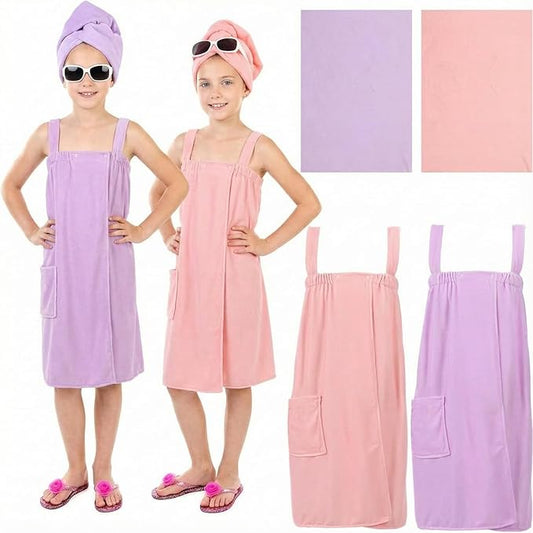 2 Sets Girls Towel Wrap Hair Towel Wrap for Kids with Soft Bath Body Dress Cute Adjustable Bathrobe with Turbans for 3.9-4.9 ft Kids Girls Wet Hair Rapid Drying(Classic Style)