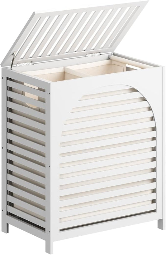 White Laundry Hamper, Laundry Hamper with Lid, 27.3 Gallon (103L) Bamboo Wood Clothes Laundry Basket with Lid and Handles, Removable Liner