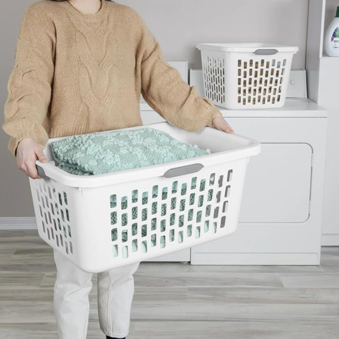 2 Bushel Large Plastic Laundry Basket with 4 Comfort Grip Handles, White - Durable, Lightweight, Spacious Laundry Storage for Home, Dorm, and Apartments
