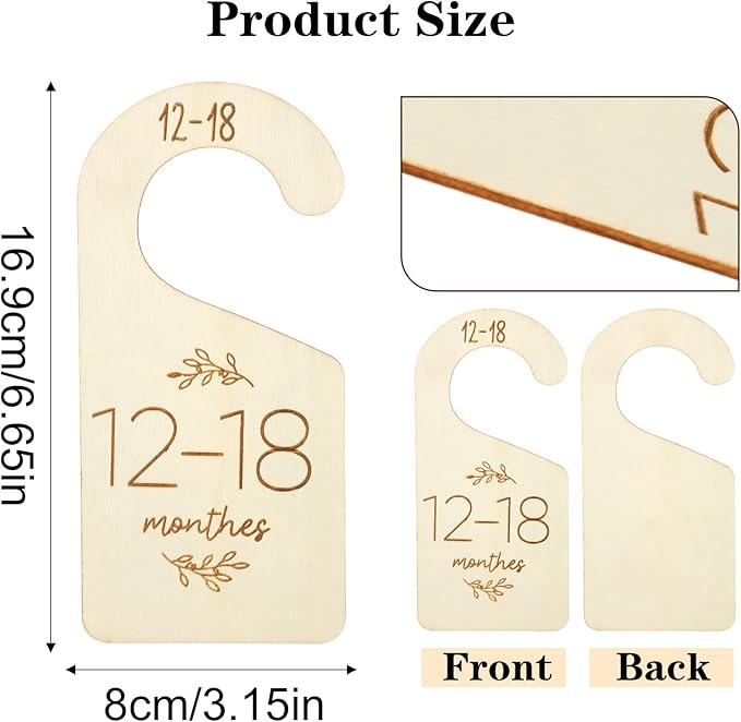 TIESOME 7 Pcs Baby Closet Size Dividers, Wooden Double-Sided Baby Clothes Separators for Closet for Newborn to 24 Months, Easy to Read Size Tabs for Nursery Closets Organization, Cute Hanger Decor