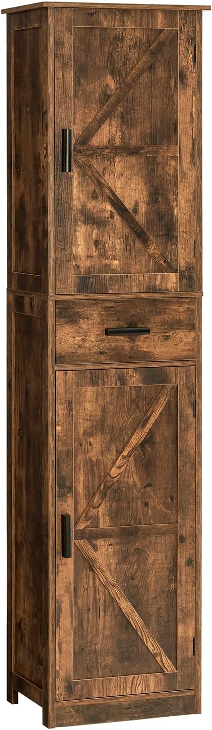 WEENFON Tall Bathroom Cabinet, Storage Cabinet with 6 Shelves & Drawer, Bathroom Storage Cabinet with Adjustable Shelves, Tall Cabinet for Living Room, Home Office, Brown
