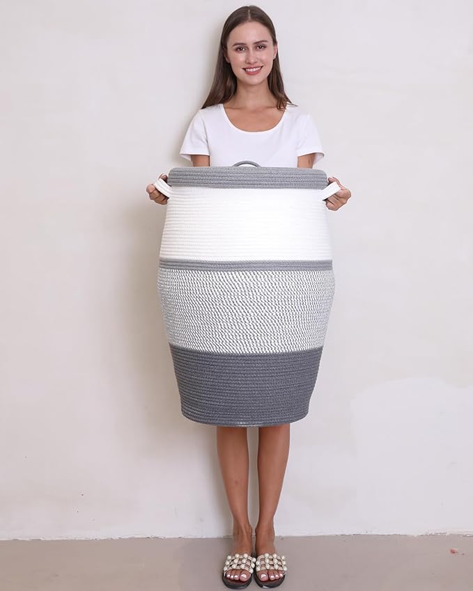 26"x20" Handcrafted Tall Cotton Rope Basket with Lid, Stylish Flagon Shape with Cover, Clothes Hamper with Top, for Bedroom and Living Room, White/Grey Mix/Dark Grey