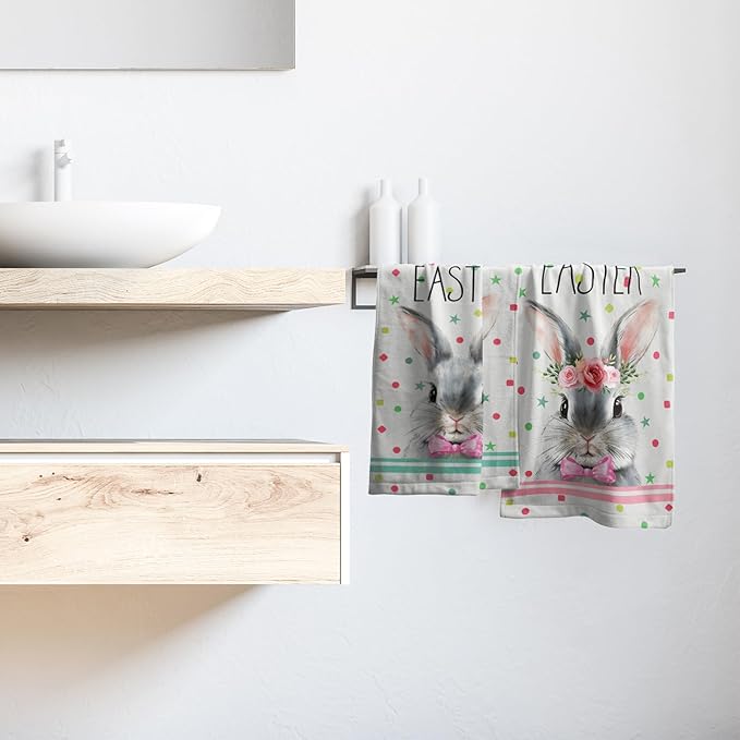 Happy Easter Bath Hand Towels 2 Pack Mr & Mrs. Rabbits Kitchen Tea Dish Towels 14"x28" Cute Bunny Spring Holiday Soft Absorbent Washcloths for Yoga Gym Bath Shower