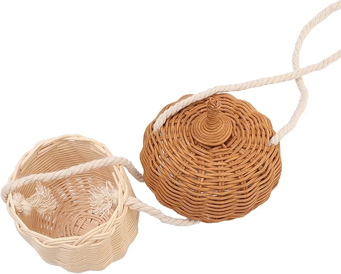 Rattan Storage Basket, Hand Woven Decorative Acorn Shaped Basket Bag Photography Props Decorative Basket for Boys Girls (Small Shoulder Bag)
