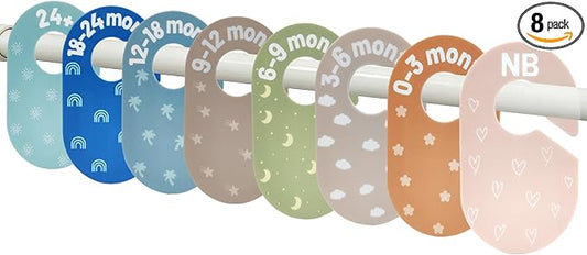 Baby Closet Dividers - Size Tag - 8-Piece Plastic Baby Clothes Organizer Hanger with Double-Sided Designs - Nursery Organization for Baby Clothing Newborn to 2T Girl & Boy (A Solid Multi-Color)