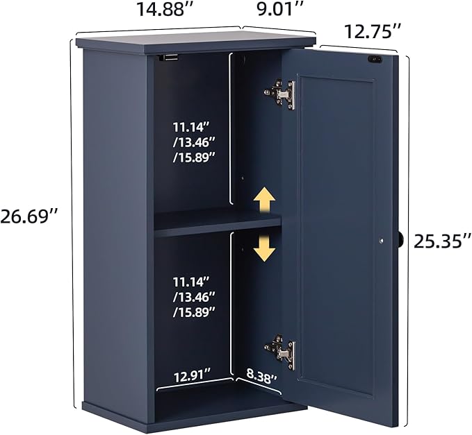 Over The Toilet Storage Cabinet, Above Toilet Organizer with Rattan Door, Modern Blue Finish, 13x25 inch Space Saving Bathroom Medicine Cabinet