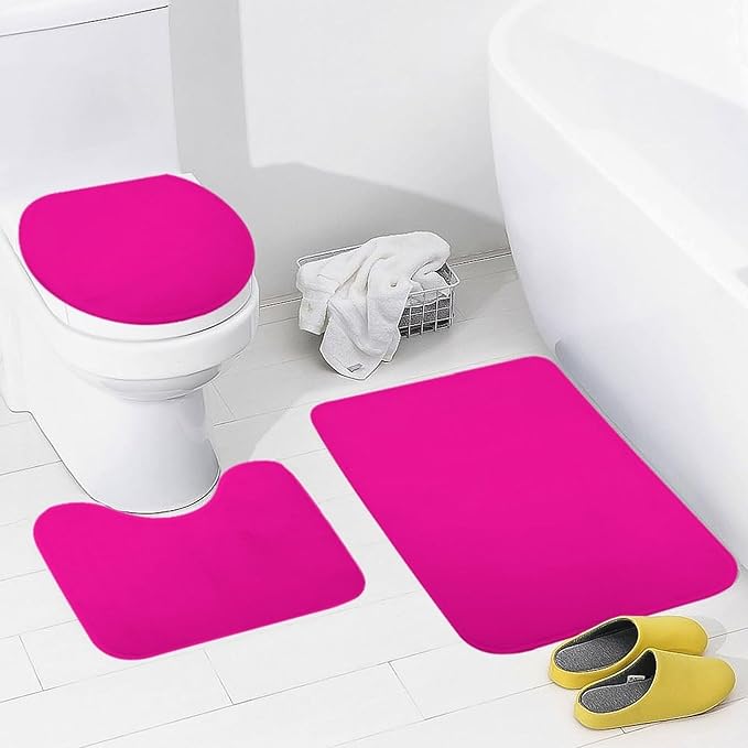 3 Pieces Bath Rug Sets, Neon Pink Modern Bathroom Mat Set Non Slip U Shaped Contour Rug & Toilet Lid Cover