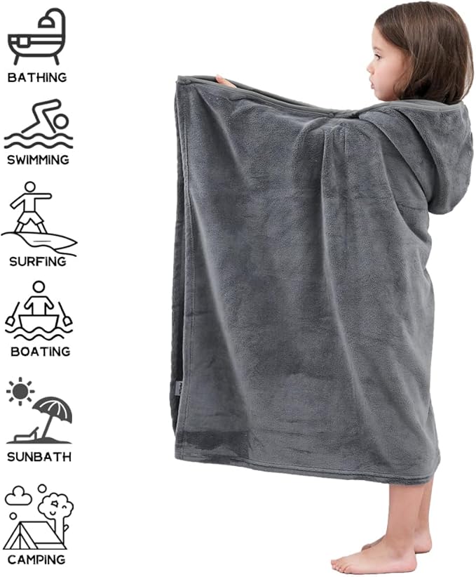 Hiturbo Kids Hooded Bath Towel: Soft Plush Pool Beach Fleece Towel Blanket - 50"x30" Toddler Towels Wrap for Boys Girls 3-12 Years (Gray)