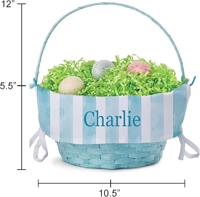 Personalized Easter Egg Basket with Handle and Custom Name | Blue Striped Easter Basket Liners | Blue Basket | Woven Easter Baskets for Kids | Customized Easter Basket | Personalized Gifts for Easter