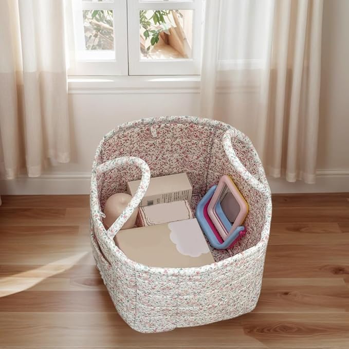 JQWYGB Foldable Laundry Basket Boho Bear Storage Basket Floral Quilted Fabric Car Storage Basket Handles Large Laundry Baskets for Clothes and Dolls