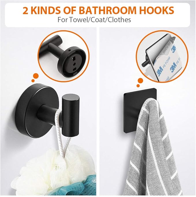 5-Pieces Matte Black Bathroom Hardware Set SUS304 Stainless Steel Round Wall Mounted - Includes 16" Hand Towel Bar, Toilet Paper Holder, 3 Robe Towel Hooks,Bathroom Accessories Kit