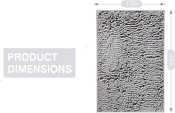 Grey Chenille Bathroom Rug 17"x24" Inch - Non Slip Absorbent Bath Mat for Shower, Quick Dry Machine Washable Floor Mats, Soft Plush