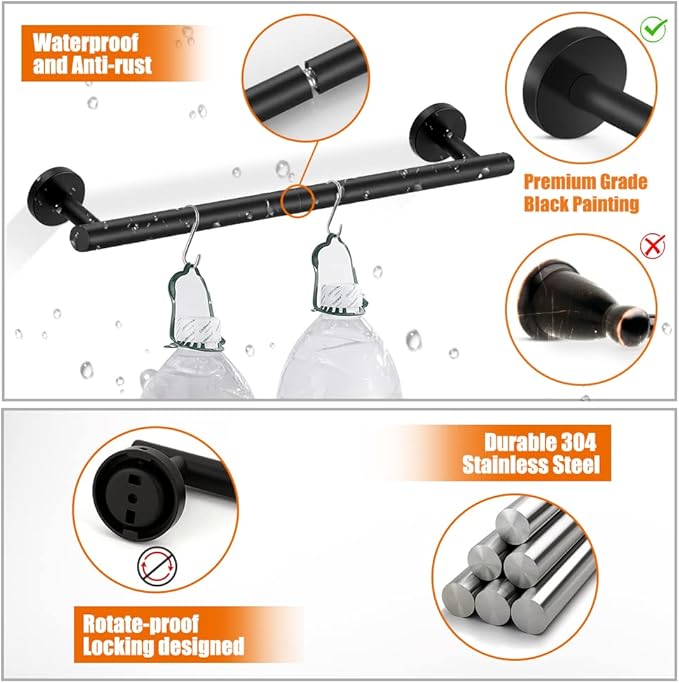 5-Pieces Matte Black Bathroom Hardware Set SUS304 Stainless Steel Round Wall Mounted - Includes 24" Hand Towel Bar, Toilet Paper Holder, 3 Robe Towel Hooks, Bathroom Accessories Kit