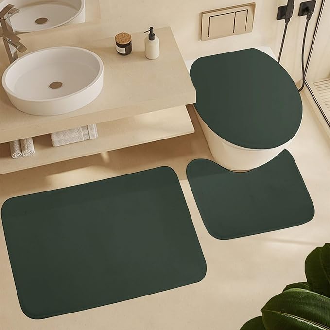 3 Pieces Bath Rug Sets, Forest Green Trend Color Bathroom Mat Set Non Slip U Shaped Contour Rug & Toilet Lid Cover