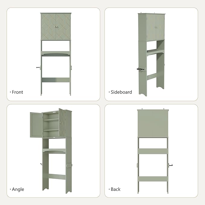 Over The Toilet Storage Cabinet with Gold Trim, Modern Bathroom Organizer Over Toilet with Adjustable Shelves and Toilet Paper Holder for Bathroom (Green)
