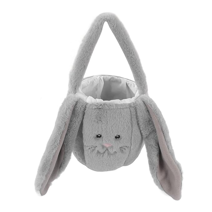 Plush Easter Bunny Basket, Children Easter Basket with Long Ears, Cute Cartoon Rabbit Plush Bag for Easter Egg Hunt, Soft and Durable Easter Bunny Gift for Kids (Light Gray)