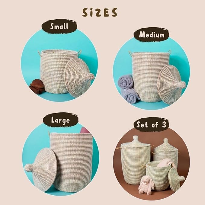 Wicker Basket Set, White, Hand Woven, Hooded Lid, Handles, 3pcs