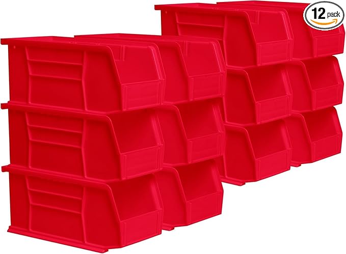 Akro-Mils 30230 AkroBins Plastic Storage Bins, Space-Saving Stackable Bins for Garage, Pantry, Craft Organization, 11" x 5" x 5", Red, 12-Pack