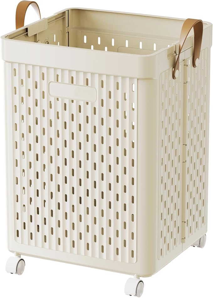 UAK Plastic Laundry Basket with Wheels & Handle, 67L Heavy Duty Foldable Laundry Hamper – Easy Clean Waterproof Rolling Organizer for Bathroom & Laundry Room, Ivory