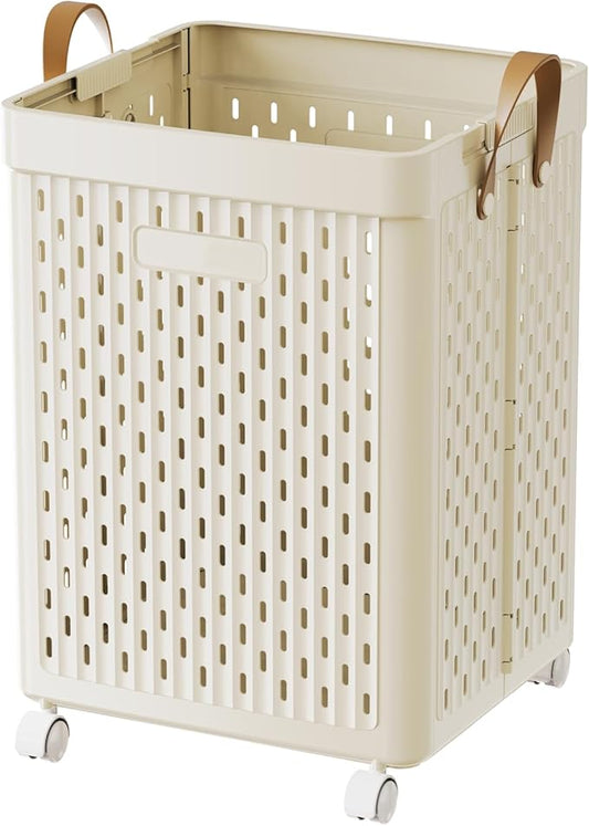 UAK Plastic Laundry Basket with Wheels & Handle, 67L Heavy Duty Foldable Laundry Hamper – Easy Clean Waterproof Rolling Organizer for Bathroom & Laundry Room, Ivory