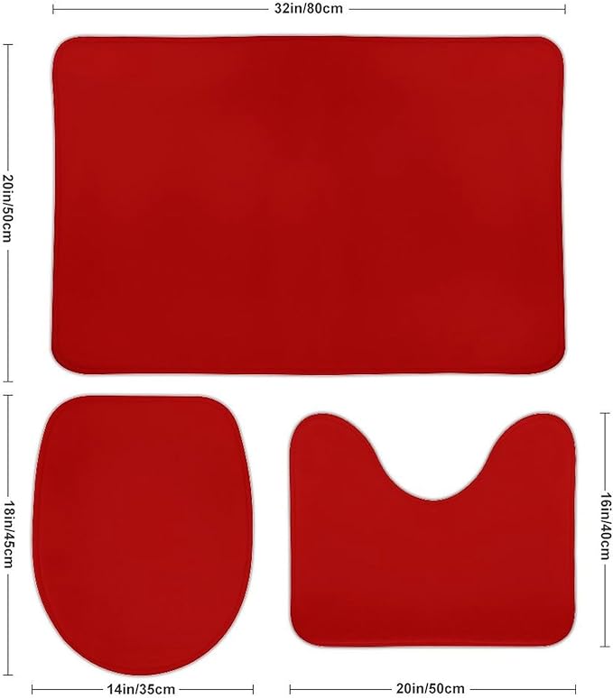 3 Pieces Bath Rug Sets, Red Trend Colors Bathroom Mat Set Non Slip U Shaped Contour Rug & Toilet Lid Cover