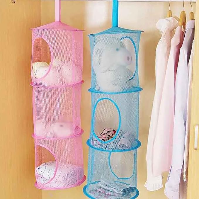 GSHLLO 2 Pcs Toy Storage Hanging Mesh 3 Compartment Organizer Net Stuffed Animal Hammock Foldable Organizing Baskets Clothes Hanger Organizer Bag for Room Bathroom Closet Blue