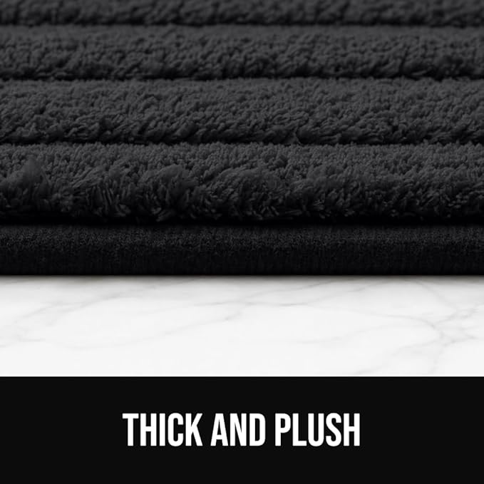 GORILLA GRIP Textured Backing Bathroom Rugs, Soft Memory Foam Absorbent Striped Bath Mats Set of 2, Machine Washable Fade Resistant, Floor Bathmat, Home Decor Shower Essentials, Black 24x16 and 30x18