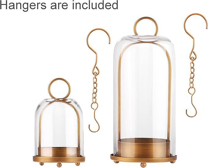 5" & 4" Wide Versatile Metal Candle Holder in Antique Brass with Handmade Thick, Heavy & Sturdy Glass Dome for Pillar Candle, Industrial, Modern, Shelf, Mantel, Veranda, Porch (Brass)