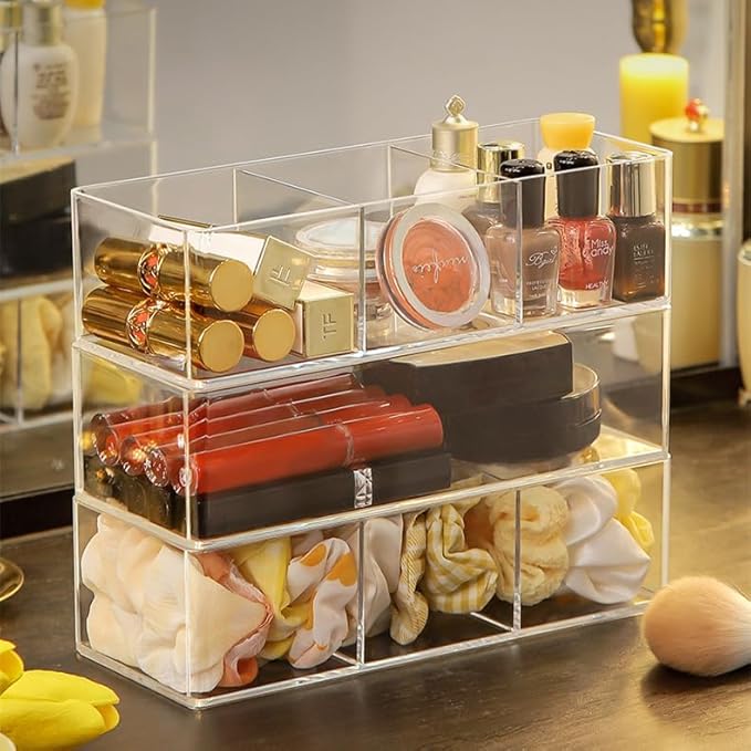Stackable Clear Drawer Organizers Small Makeup Vanity Storage Bins Trays and Office Desk Drawer Dividers Single Compartment 2 Pack