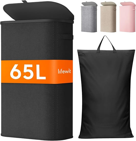 Lifewit 65L Slim Laundry Basket with Lid, Narrow Large Laundry Hamper with Plastic Handles and Removable Bag, Tall Foldable Dirty Clothes Hampers for Laundry Room, Bedroom, Bathroom, Dorm, Black