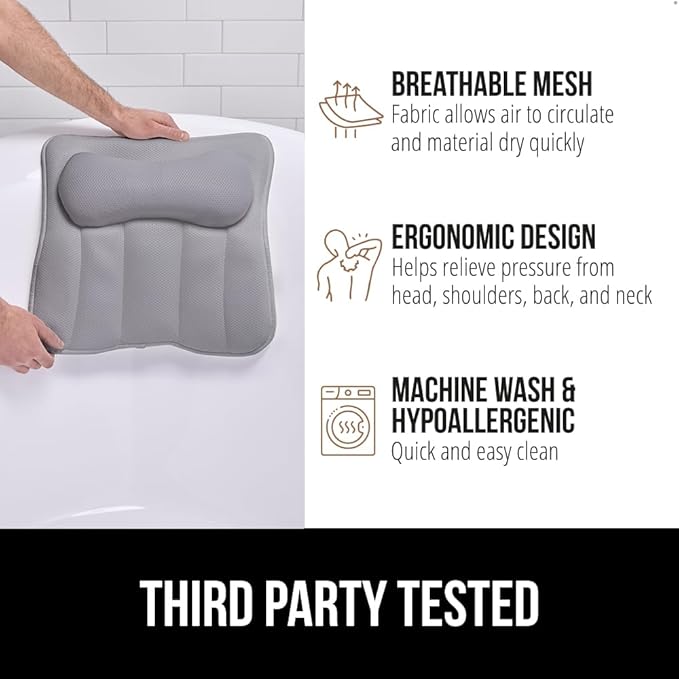 GORILLA GRIP Bath Pillow for Tub, Strong Suction Cups, Headrest with Mesh FlexComfort Technology, Neck, Head and Back Support, Luxury Machine Wash Bathtub Pillows, Spa Essential Accessories, Gray
